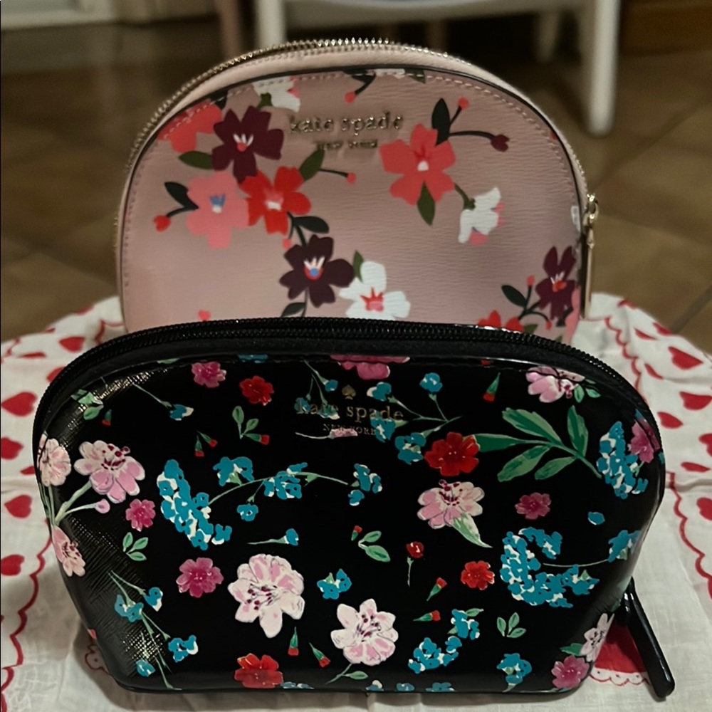 Kate Spade Pink and Black Floral Cosmetic Bag
